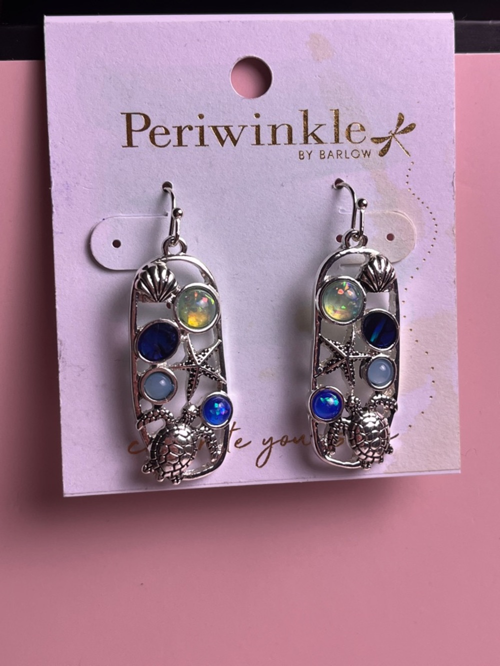 Silver Sea Glass Turtle Drop Earrings - Blue & Opal